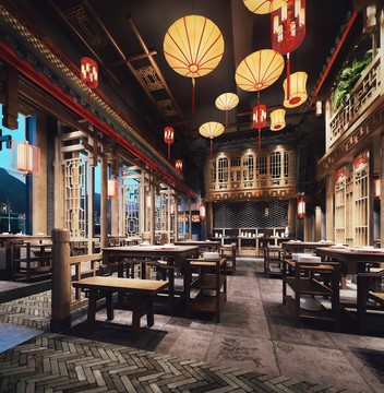 中式火鍋餐廳火鍋店效果圖模型