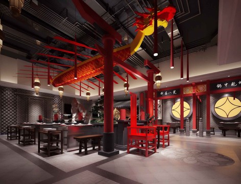 中式餐厅火锅店设计效果图模型