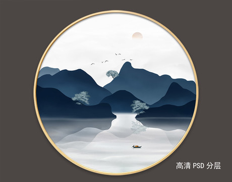 新中式簡(jiǎn)約圓框山水畫(huà)