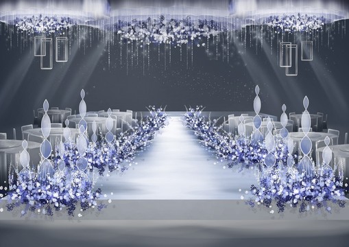 唯美蓝色婚礼舞台T台效果图设计