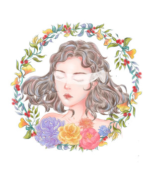 小清新花朵女孩貼紙彩鉛水彩唯美