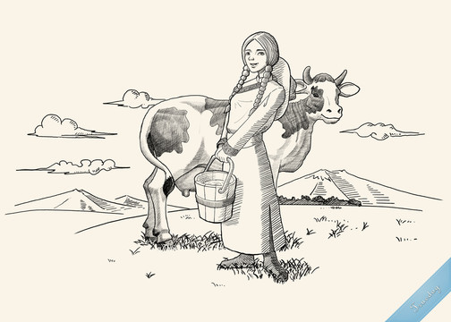 手繪草原女牧民