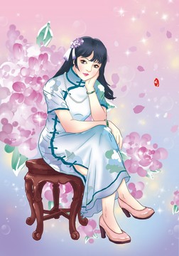 手繪繡球花淡雅旗袍少女養(yǎng)顏插畫