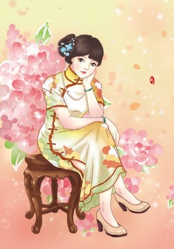 手繪繡球花和旗袍少女養(yǎng)顏插畫