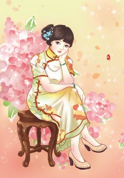 手绘绣球花和旗袍少女养颜插画