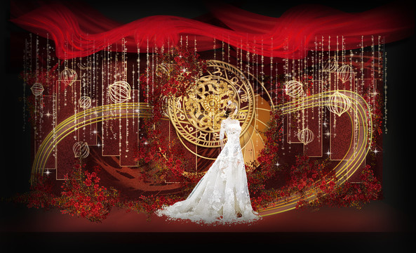 欧式复古红金色宴会婚礼舞台设计