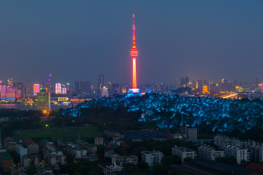 武汉夏日城市天际线夜景风光