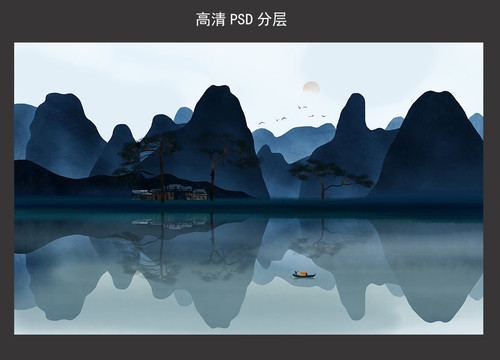 新中式意境江南山水客廳屏風(fēng)壁畫