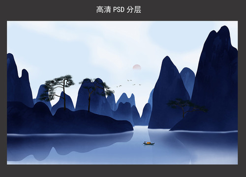 现代客厅背景墙山水画