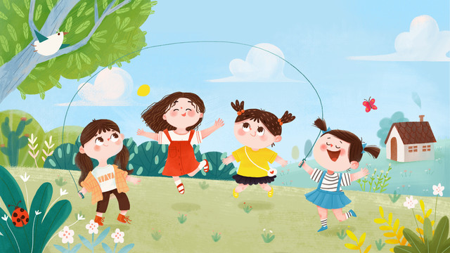 小女孩鍛煉跳繩插畫