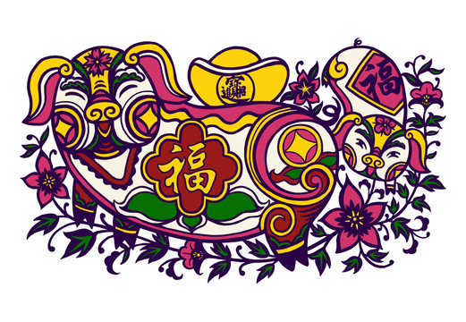 新年喜氣生肖豬福字元寶豬飼插畫
