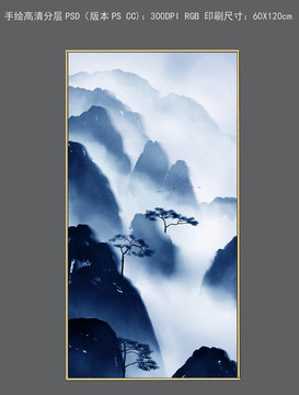 手繪新中式玄關(guān)水墨山水裝飾畫