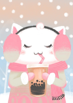 喝珍珠奶茶的白色小猫卡通插图