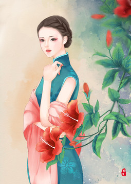 旗袍女人插畫