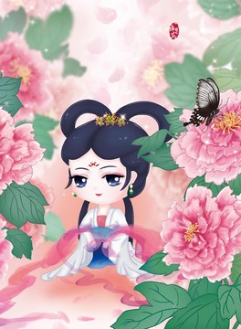 手繪古典蝴蝶可愛女孩牡丹花叢