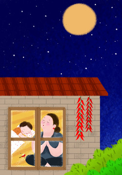 中秋圓月卡通婆婆小孩夜晚