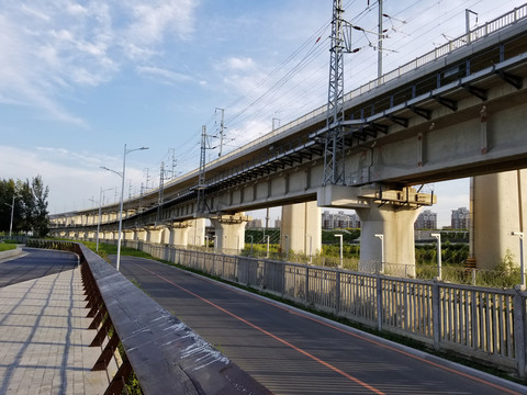 公路旁高铁动车的高架桥轨道