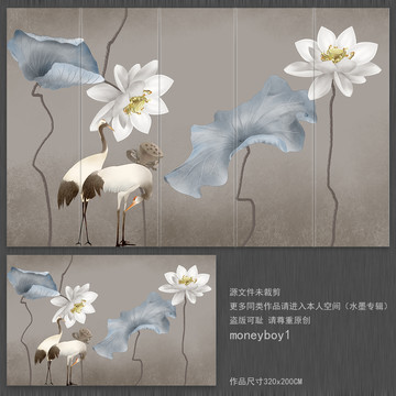 手繪新中式荷花背景墻
