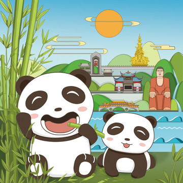 四川旅游熊猫地标插画