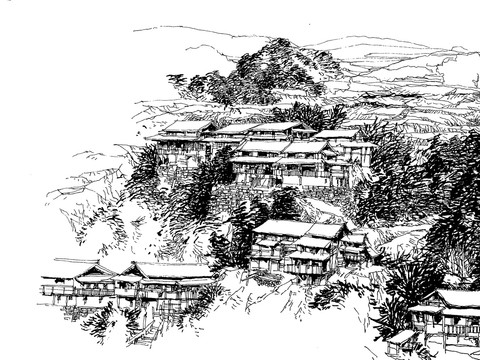 广西侗族村居手绘插图线描