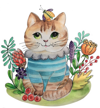 可愛貓咪花卉插畫