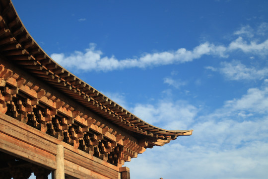 蓝天下的寺庙房檐一角