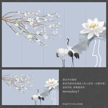 仙鶴荷花背景墻
