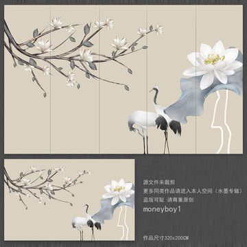 手繪仙鶴花卉背景墻