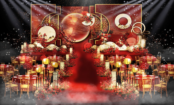 紅金新中式婚禮舞臺(tái)