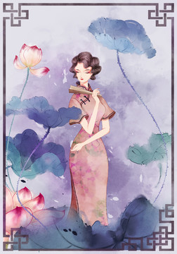 旗袍美女賞荷
