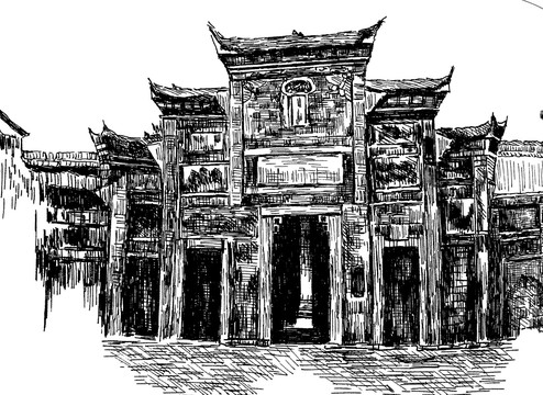 四川宜宾李庄古建筑线描插图2