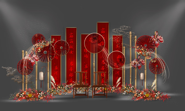 紅金色新中式手繪婚禮背景