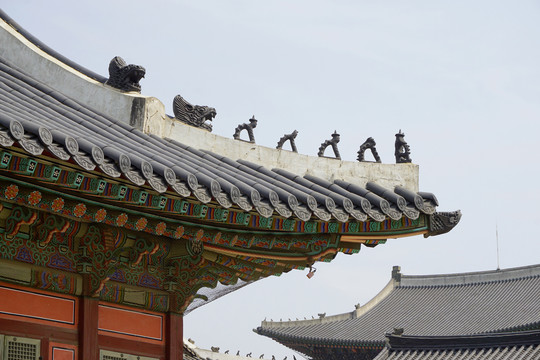 韩国景福宫瓦顶构件脊兽特写