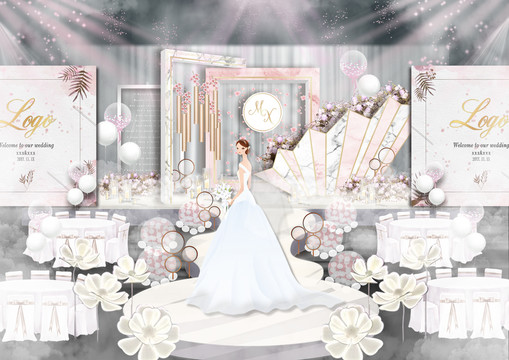 粉色大理石纹小清新婚礼舞台设计
