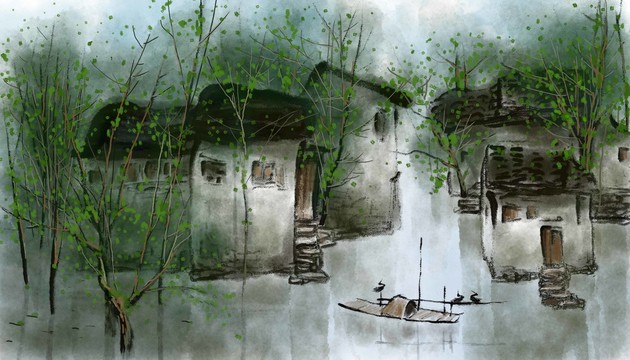 水墨風(fēng)景畫江南水鄉(xiāng)裝飾畫