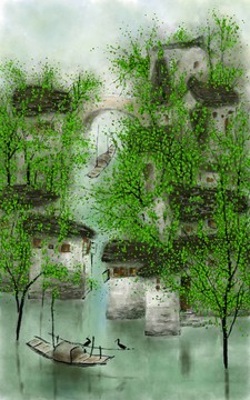 水墨風景畫江南水鄉(xiāng)裝飾畫