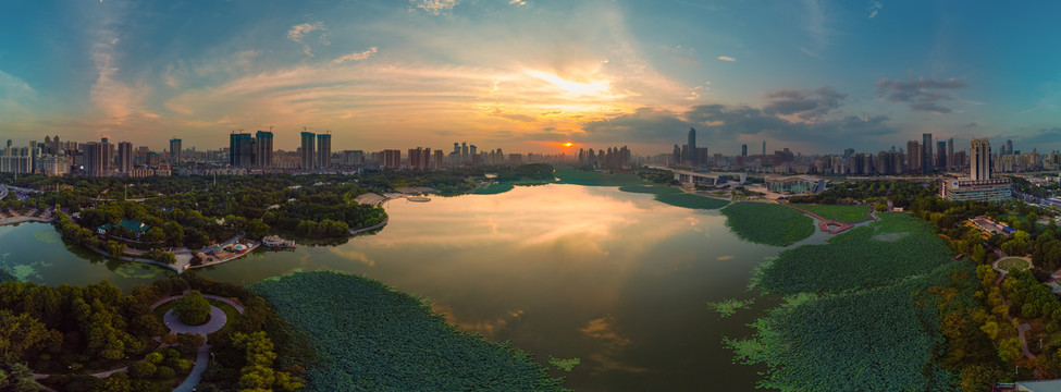 武汉夏日城市航拍傍晚风光