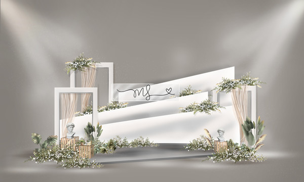 戶外白綠手繪婚禮背景