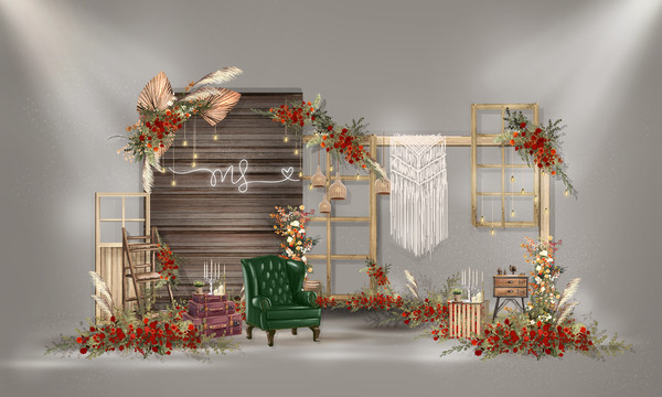 紅色戶外手繪婚禮背景