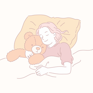 睡得香甜抱着熊娃娃的女孩