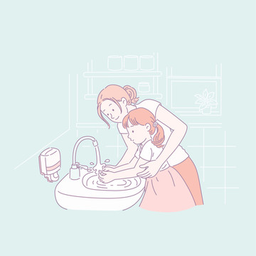 母親教導(dǎo)女兒洗手