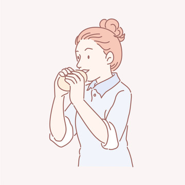線條風(fēng)格吃著小圓面包的女性