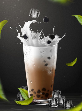 玻璃杯中的冰珍珠紅茶拿鐵與冰塊