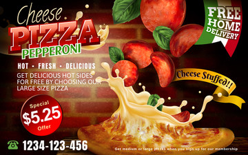腊肠起司披萨广告与红砖背景