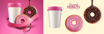 彩色甜甜圈与外带咖啡杯