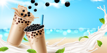 珍珠奶茶廣告與夏日海灘背景