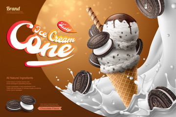 巧克力香草冰淇淋甜筒广告与牛奶特效