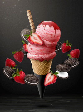 草莓甜筒冰淇淋与夹心饼干