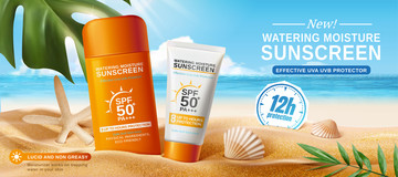 夏日防晒产品广告与沙滩背景