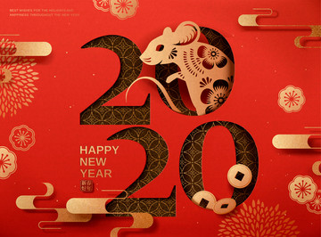 2020紅色剪紙風(fēng)鼠年設(shè)計(jì)與花朵裝飾
